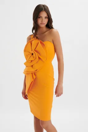 NOLA 3D Statement Ruffle Midi Dress In Papaya