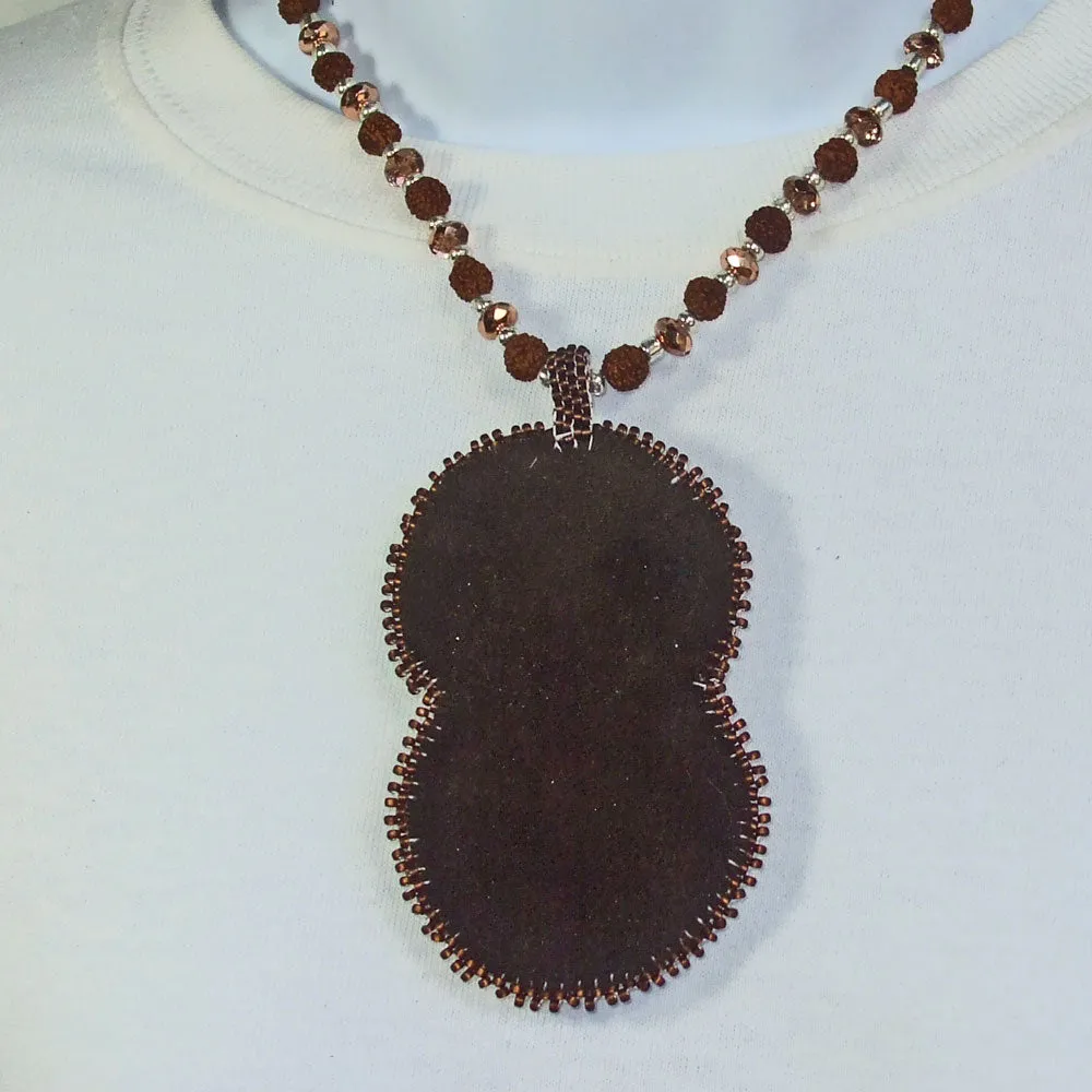 Partenia, Wooden Carved Cameo, Beaded Pendant, Necklace