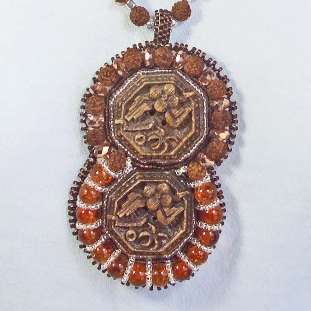 Partenia, Wooden Carved Cameo, Beaded Pendant, Necklace