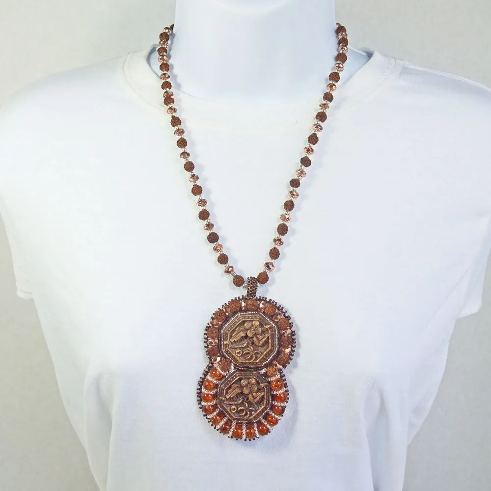 Partenia, Wooden Carved Cameo, Beaded Pendant, Necklace