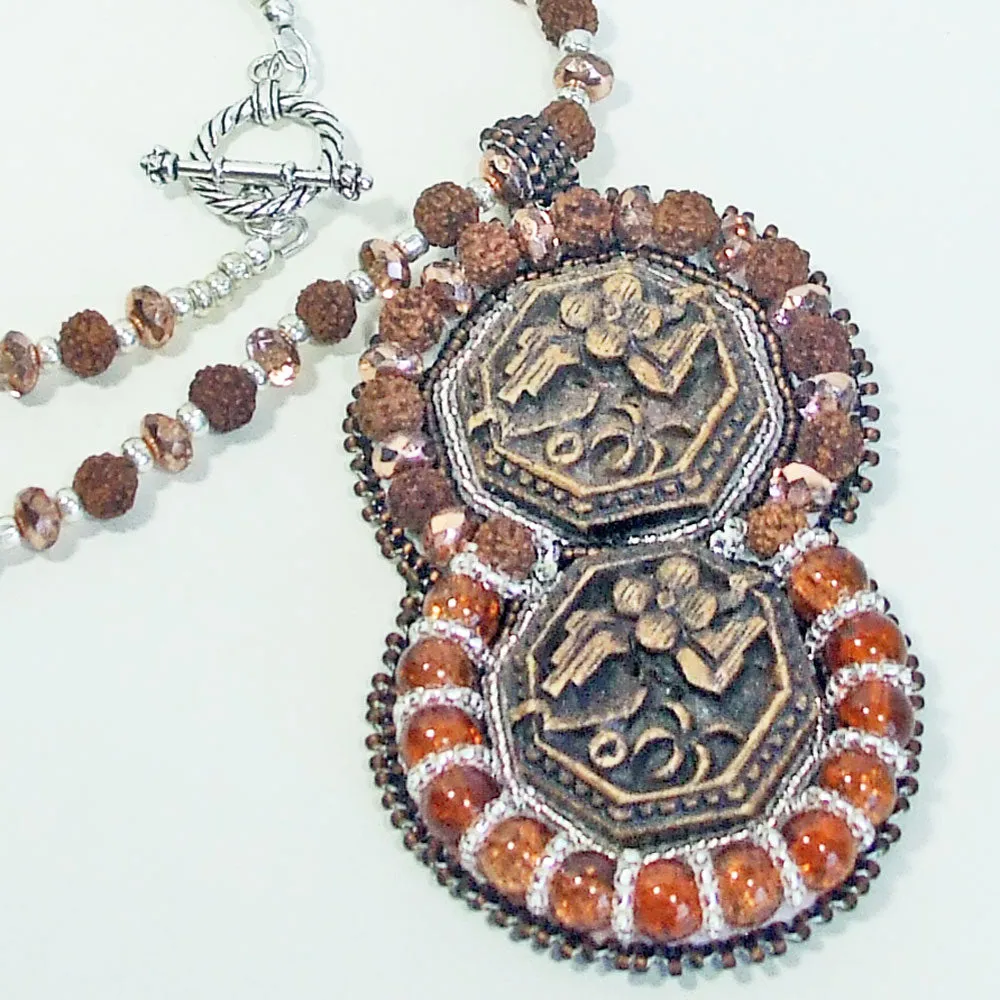 Partenia, Wooden Carved Cameo, Beaded Pendant, Necklace