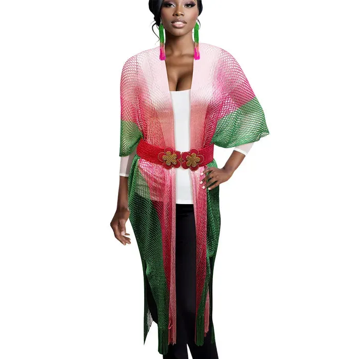 Pink and Green Two-Tone Lurex Kimono Poncho for Women