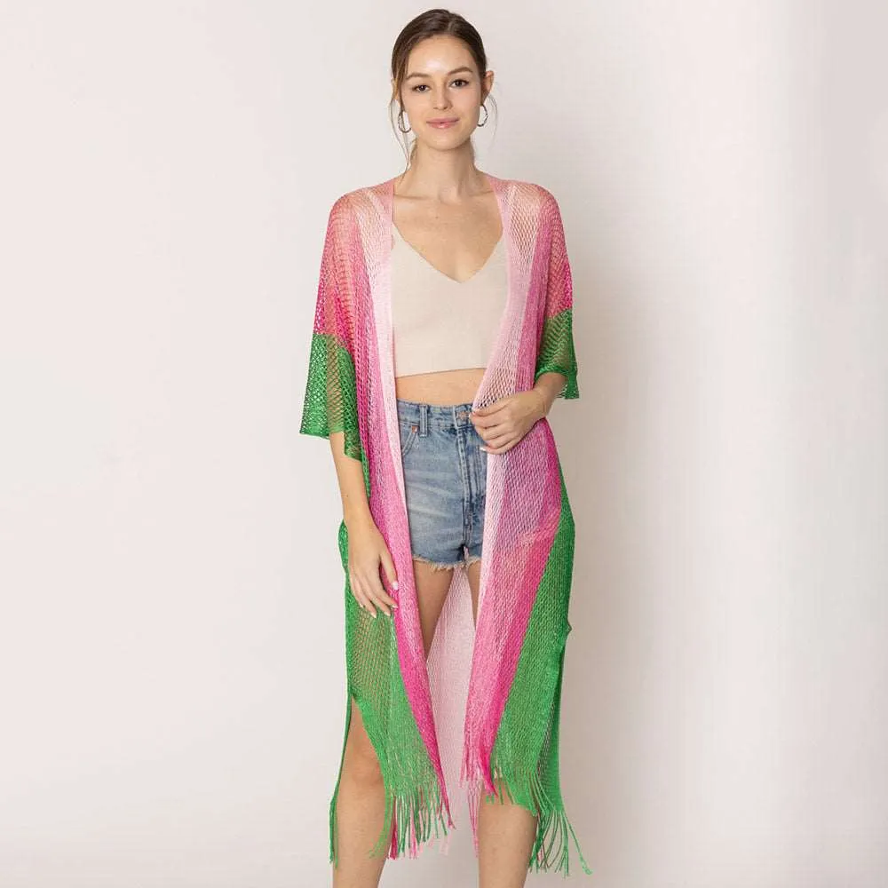 Pink and Green Two-Tone Lurex Kimono Poncho for Women