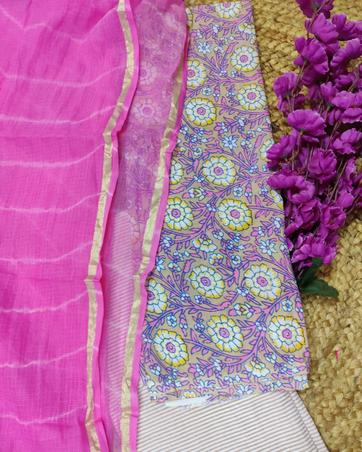 Pink Floral Printed Cotton Unstitched Suit Fabric