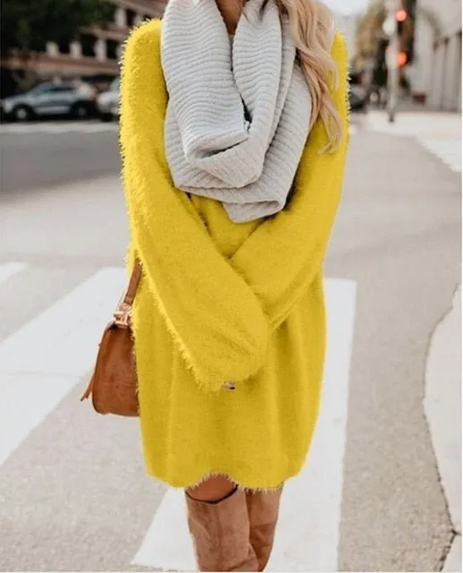 Plush Pullover Long Sweater Women Yellow Black Pink Christmas Sweater Dress Autumn Winter Jersey Jumper Robe Pull Femme