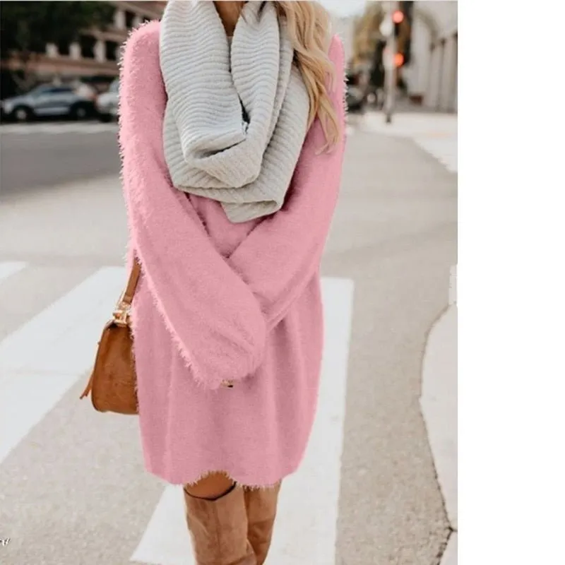 Plush Pullover Long Sweater Women Yellow Black Pink Christmas Sweater Dress Autumn Winter Jersey Jumper Robe Pull Femme