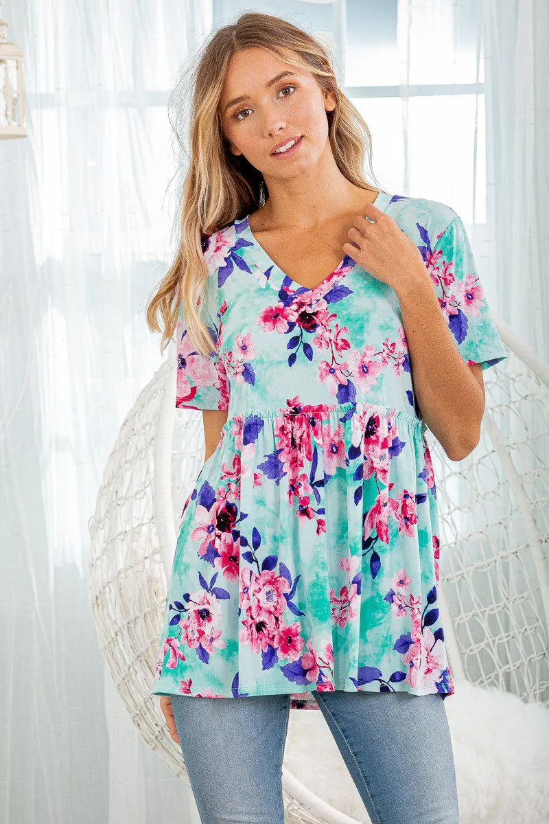 "Bubblegum Bouquet" V Neck Floral Babydoll