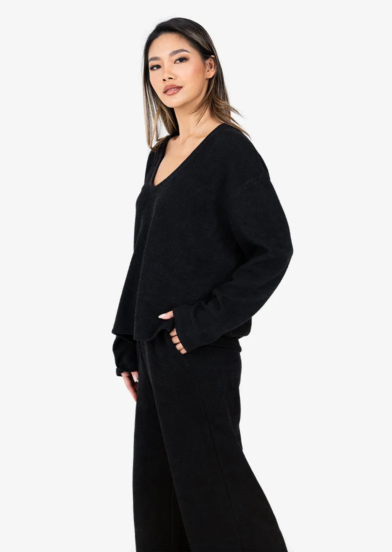 Rib Knit Lounge V-Neck LS Top Black