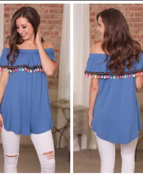 Royal Blue Pom Pom Fiesta Off The Shoulder Tunic