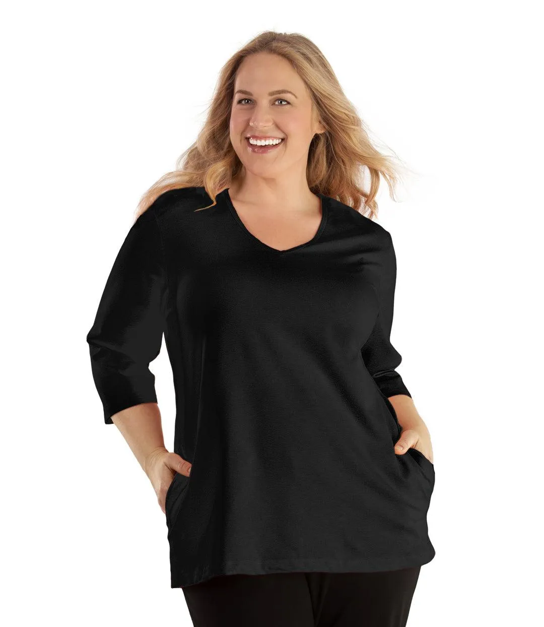 SoftWik V-Neck 3/4 Sleeve Top with Pockets