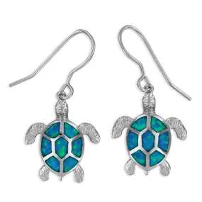 Sterling Silver Synthetic Blue Opal Turtle Dangle Earrings