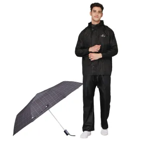 THE CLOWNFISH Combo Of Rain Coat for Men Waterproof Polyester (Black XL) Umbrella 3 Fold Waterproof Pongee (Checks Design- Dark Pink)