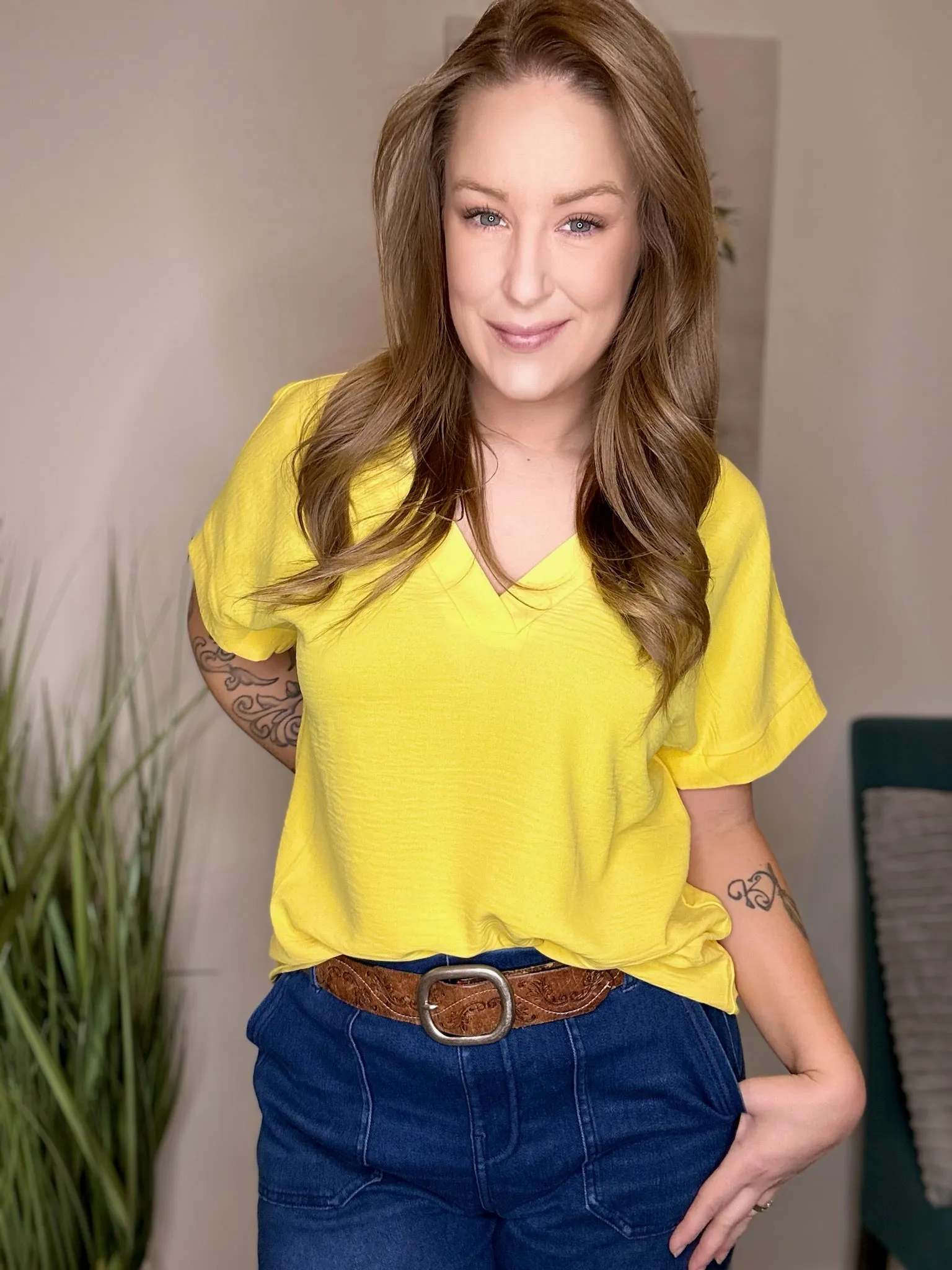 Yellow V Neck Hi-Lo Top